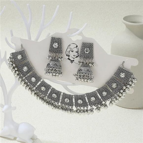 Boho Antique Silver Jewelry Set  Cubic Zirconia Crystal Elegant Embellishment - Picture 3 of 7